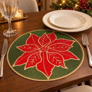 Round Poinsettia Glass Beaded Placemat Red Green Floral <b>Mat</b> Handmade <b>Christmas</b> Dining Decor Home Party Wedding | Fine Style - Product Image 2