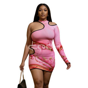 Vestido Mini Ajustado Asimétrico de Una Manga con Estampado de Mármol para Mujer, Vestido de Fiesta con Estampado por Sublimación Personalizado, Proveedor - Product Image 3