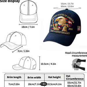 Casquette de baseball brodée Navy USA 250th Anniversary, avec aigle, Statue de la Liberté et cloche, 6 panneaux, unisexe - Product Image 3