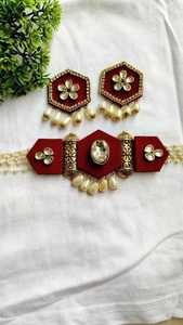 Maroon Fabric Geometric Choker Set Oval Kundan Dholki Bead Drop <b>Fashion</b> <b>Necklaces</b> Ethnic Jewelry Wholesale B2B Supply - Product Image 1