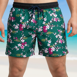Traje de Baño para Hombre, Estampado Floral Verde, Secado Rápido, Cintura Media, Cordón Ajustable, Shorts Casuales, 100% Poliéster Tejido - Product Image 1