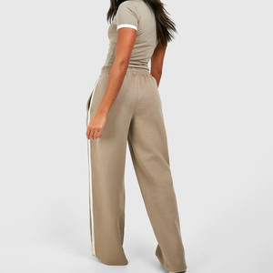 <b>Old</b> Money Sporty Set Women's 2 Piece Knitted Cotton Loose Fit Wide Leg <b>Pants</b> With Side Stripe O-Neck Short Sleeve Top Women Set - Product Image 2
