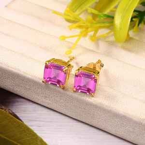 Pendientes de zafiro rosa con corte Asscher, plata de ley 925, chapados en oro de 14 quilates, joyería de boda para mujer - Product Image 5