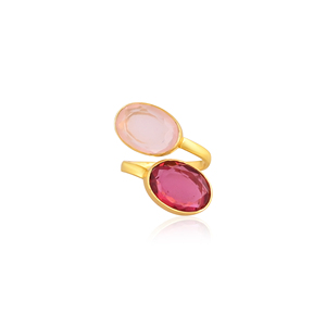 Anillo de Piedras Preciosas Hidroprocesadas de Calcedonia Rosa y Turmalina Rosa, Joyería de Latón Elegante para Mujer - Product Image 1