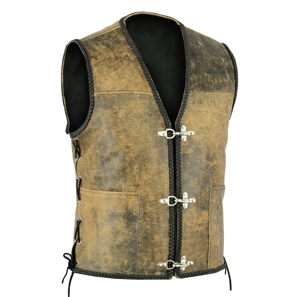 Cowboy Leather Vest For Men Vintage Club Riding Biker Vests V-Neck Suit Casual Slim Fit Button Vest Waistcoat