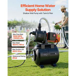 Pompa a getto automatica da 1.1 HP per irrigazione con serbatoio in plastica da 5 galloni, per pozzi poco profondi, 120V 1320 GPH - Product Image 2
