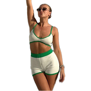 Women's White Green Color Blocked Ribbed 2-Piece Sport <b>Set</b> Strapless Bra & Shorts Quick Dry <b>Knitted</b> Gym Activewear Summer - Product Image 1