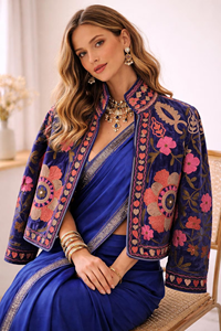 Handmade Velvet <b>Jacket</b> Royal Blue Hand Embroidered Suzani Style Winter Coat Boho Cardigan Artisan Crafted Short <b>Blazer</b> - Product Image 6