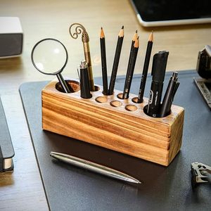 Organisateur de bureau en bois fait main avec plusieurs compartiments pour stylos, crayons, fournitures de bureau et accessoires - Product Image 1