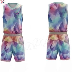Ensemble de maillots de basket-ball unisexe, col en V, sans manches, couleur dégradée sublimée, vêtements de sport respirants pour adultes, toutes saisons - Product Image 4