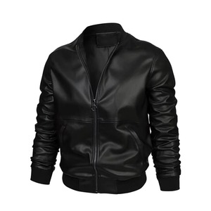 Blouson Bomber en Cuir Noir pour Homme, Style Moto Biker, Col Rabattu, Fermeture Éclair, Coupe Slim, Longueur Standard, Couleur Unie - Product Image 2