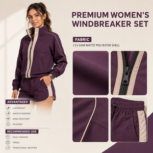 Conjunto Deportivo de 2 Piezas para Mujer, Color Morado, Chaqueta Deportiva de Manga Larga con Cuello Alto y Pantalones Cortos Transpirables de Poliéster, Corte Regular - Product Image 6