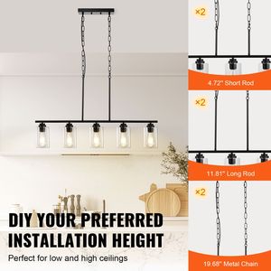 5-<b>Light</b> Kitchen Island Pendant Chandelier 60W Adjustable Clear Glass Lampshade 4-Rod <b>Dining</b> Room <b>Light</b> Fixture 2-Metal Chains - Product Image 3