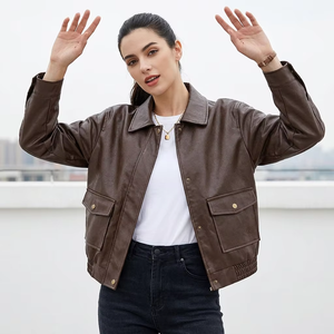 New Arrival Black Casual Loose Personality Vintage Lapel Breathable Canvas Knitted Cotton <b>Long</b> Sleeve <b>Leather</b> <b>Jackets</b> for Women - Product Image 3