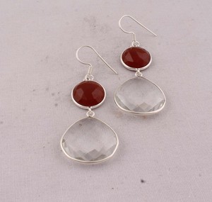 Natural <b>Red</b> Onyx and Crystal Quartz <b>Earrings</b> 925 Sterling Silver Handmade Multi-Stone Drop <b>Earrings</b> Wholesale Jewelry - Product Image 1