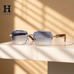 Luxury Rimless Square Diamond Sunglasses Men Women Patterned <b>Wood</b> <b>Temples</b> Grey Gradient Lens Eyewear - Product Image 2