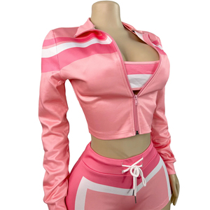 Conjunto de ropa de verano personalizado al por mayor de 3 piezas: Chándal ajustado con bloques de color, sujetador deportivo con cremallera, chaqueta y pantalones cortos de ajuste ceñido 100% algodón - Product Image 2