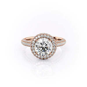Bague de fiançailles en moissanite ronde avec halo, or blanc, double rangée pavée, bague de mariée - Product Image 5