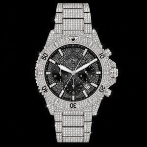Montre chronographe en argent sertie de cristaux, cadran noir, style diamant, montre-bracelet de luxe pour homme - Product Image 1