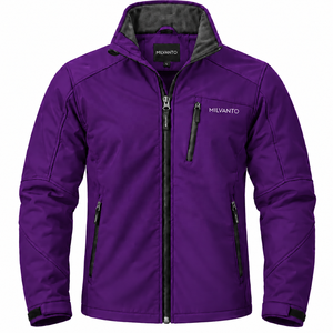 Veste softshell pour homme avec logo personnalisé violet, de qualité supérieure, 95% polyester, 5% élasthanne, coupe-vent, imperméable, pour la randonnée - Product Image 1