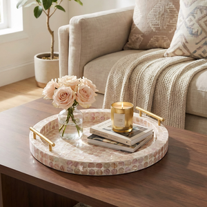 Round Pink Mother of Pearl Inlay Tray, Mosaic Shell Decorative Tray with Gold Handles, <b>Vanity</b> Organizer & <b>Table</b> Centerpiece - Product Image 2