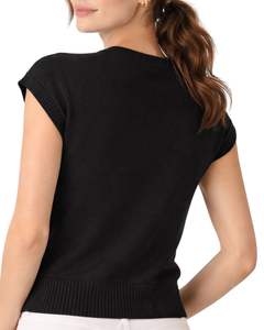 Suéter de Punto sin Mangas para Mujer, Color Negro, Cuello Redondo, Chaleco Ligero, Estilo Casual de Verano, Diseño Minimalista con Bordado - Product Image 2