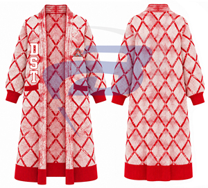 Delta | Sigma | Theta Sorority <b>Women's</b> Red White <b>Longline</b> Argyle Knit Duster <b>Cardigan</b> Open Front Mandarin Collar Winter Sweater - Product Image 3