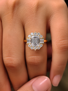 Art Deco Jewelry 14K Solid Gold Emerald Cut Lab Grown Diamond IGI Certified Round & Baguette Cluster Diamond Engagement <b>Rings</b> - Product Image 2