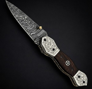 Couteau pliant artisanal DIY en acier Damas à lame coulissante, avec étui en cuir OEM, pour la chasse, le camping et la survie, lame Drop Point - Product Image 3