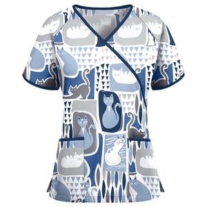 2 Couleur 6 Chat Cartoon Imprimé V-Neck T-Shirt Tops XL Nursing Scrubs Main Pockets Hospital Care Lab Coat Design OEM Uniformes - Product Image 1