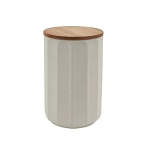Modern Ceramic Storage Canister Wooden Lid Vertical <b>Fluted</b> Design Airtight Kitchen Jar Minimalist Countertop Organizer - Product Image 3
