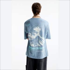 T-shirt pour homme en coton 100% grande taille pour l'été, style rétro délavé, 230 g/m², col rond, imprimé en relief, bleu ciel - Product Image 2