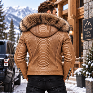 Genuine Python Leather Motorcycle <b>Jacket</b> With Fox <b>Fur</b> <b>Hood</b> | Herren Lederjacke | Chaqueta de Cuero Python Hombre - Product Image 3