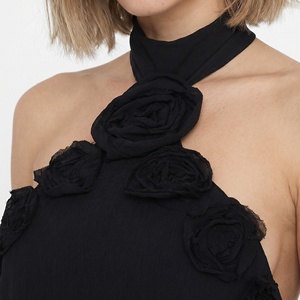 Haut Halter Femme à Rosette, en Chiffon Floral 3D, Dos Nu, Col à Nouer, Sans Manches, Noir – Fabricant de Vêtements - Product Image 5