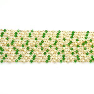 Chaîne de chapelet en perles blanches et vertes chromées, perles rondes facettées, fil plaqué or, chaîne de bijoux en vrac - Product Image 2