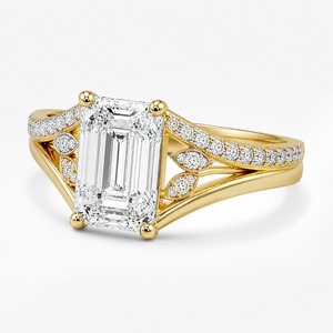 Anillo de banda dividida con hoja de diamante esmeralda, oro amarillo de 18K, pavé botánico, diamantes cultivados en laboratorio, de lujo, moderno, para mujer, anillo de boda - Product Image 3
