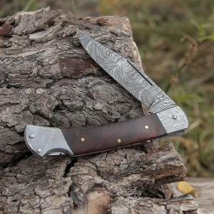 Couteau pliant de poche OEM en acier Damas, fait main, avec lame à motif, manche en bois durable, tranchant affûté, design compact, pour l'extérieur - Product Image 5
