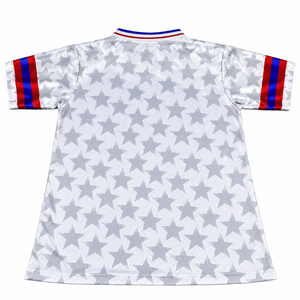 Maillot de football personnalisé à motif étoile sublimé, manches courtes pour homme, en polyester respirant, vêtement adulte, blanc avec bordures rouges et bleues - Product Image 5