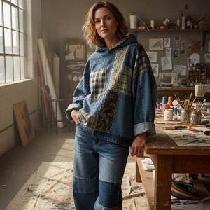 Custom Denim Women's <b>Oversized</b> <b>Vintage</b> Style Cotton <b>Sweatshirt</b> Autumn Winter - Product Image 5