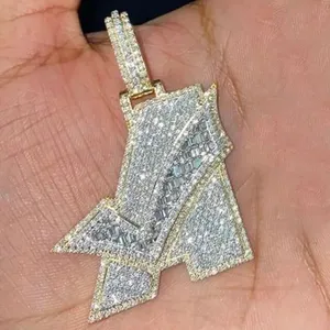 Pendentif personnalisé en moissanite véritable de 1,50 carat, coupe ronde, plaqué or jaune 14 carats, argent sterling, pour femme, style hip-hop - Product Image 6