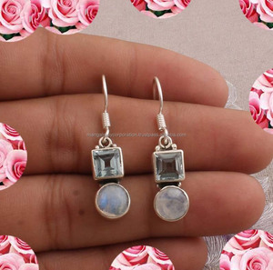 Boucles d'oreilles pendantes vintage plaquées or, en argent sterling 925, avec pierre de lune arc-en-ciel de 7-10 mm, faites à la main, cadeau d'anniversaire - Product Image 3