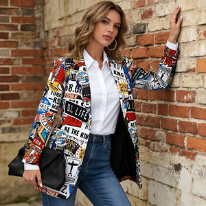 Vente flash sur Temu : Blazer élégant pour femmes, style graffiti, col à revers ouvert, manches longues, veste tendance, streetwear décontracté pour tous les jours - Product Image 3