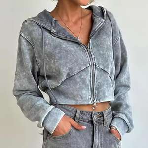 Hoodie court vintage oversize délavé à l'acide pour femme, avec fermeture éclair et col à capuche, idéal pour l'hiver – Vente en gros de sweats à capuche pour femmes - Product Image 6