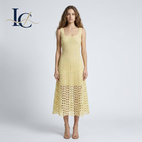 Ensemble élégant jaune uni en crochet tricoté ajouré 2 pièces : Robe longue à col en U et cardigan court pour femme