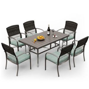 Ensemble de jardin en métal pour repas en plein air pour 6 personnes, plateau de table en lattes de fer avec coussin amovible - Product Image 1