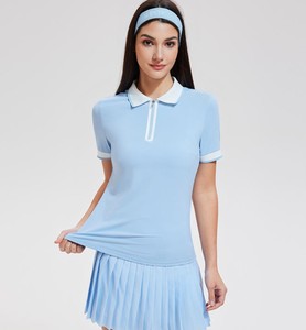 Women's <b>White</b> Green Polo Shirt Short Sleeve <b>Quarter</b> <b>Zip</b> Knitted Breathable Preppy Style Solid Color Sport Top - Product Image 3