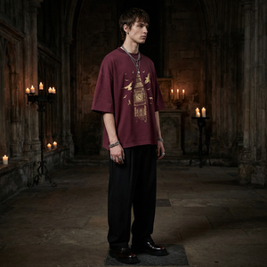 Rhinestone Graphic T <b>Shirt</b> Pigment Dye Oversized 300GSM Heavy Cotton <b>Gothic</b> Tee with Gold Screen Print for Private Label - Product Image 4