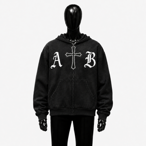 Sudadera con capucha negra personalizada con cremallera, estilo gótico, con gráfico de cruz y letras AB, estilo urbano, unisex, para hombre y mujer - Product Image 1
