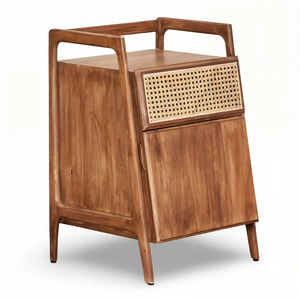 Table de chevet moderne en bois avec tiroir en rotin tressé, design mid-century, meuble de chambre à coucher, table de chevet à un seul tiroir - Product Image 3