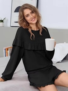 Haut à volants noir en maille à manches longues pour femme, col rond, couleur unie, respirant, idéal pour le printemps - Product Image 6